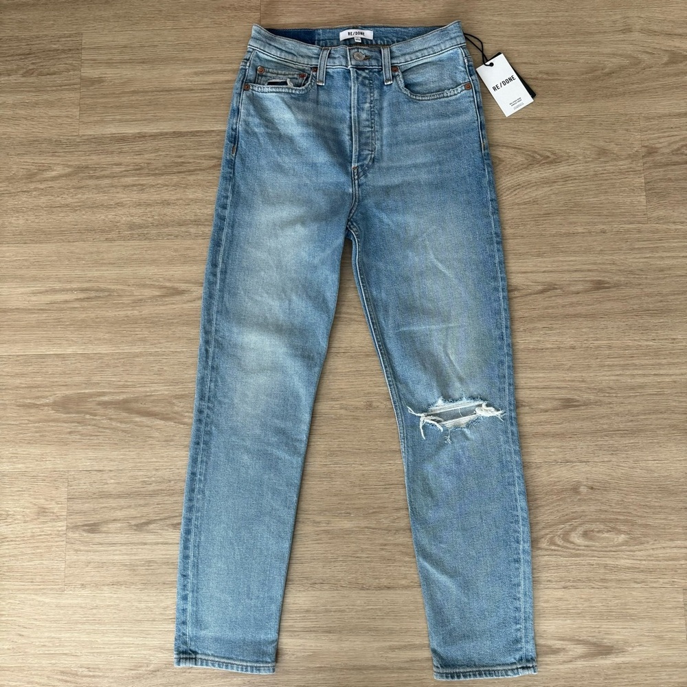 NWT re/done medium blue 90s high rise straight knee rip ankle crop denim jeans